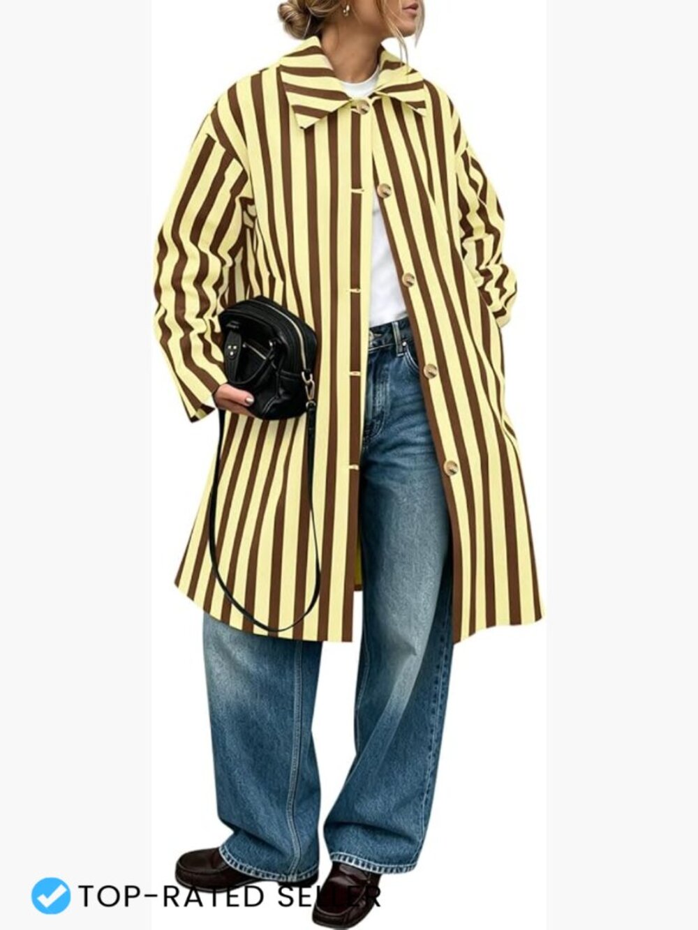 Oversized Striped Long Trench Coat Lightweight Windproof Fall Overcoat Loose Fit